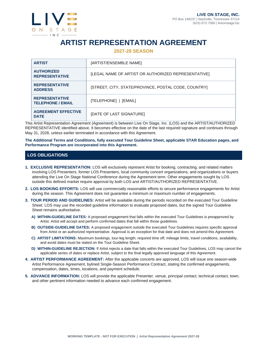 Artist Representation Agreement page 1